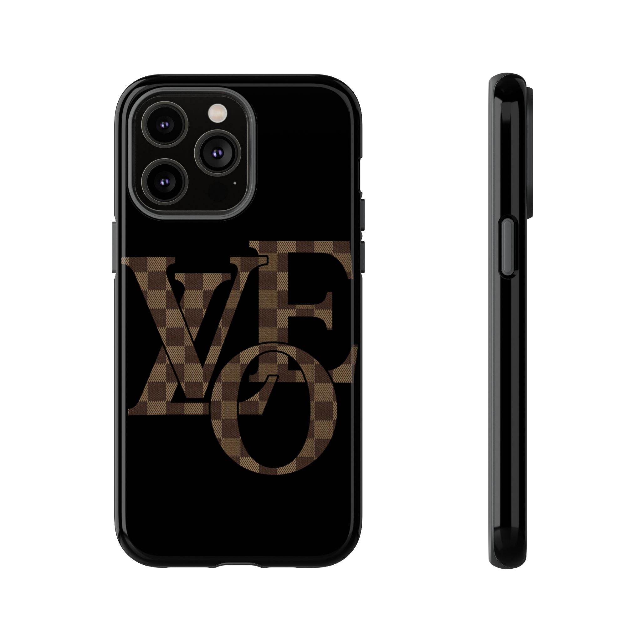 Black Tough Phone Case with Checkerboard "LOVE' Monogram — Protective iPhone Cover