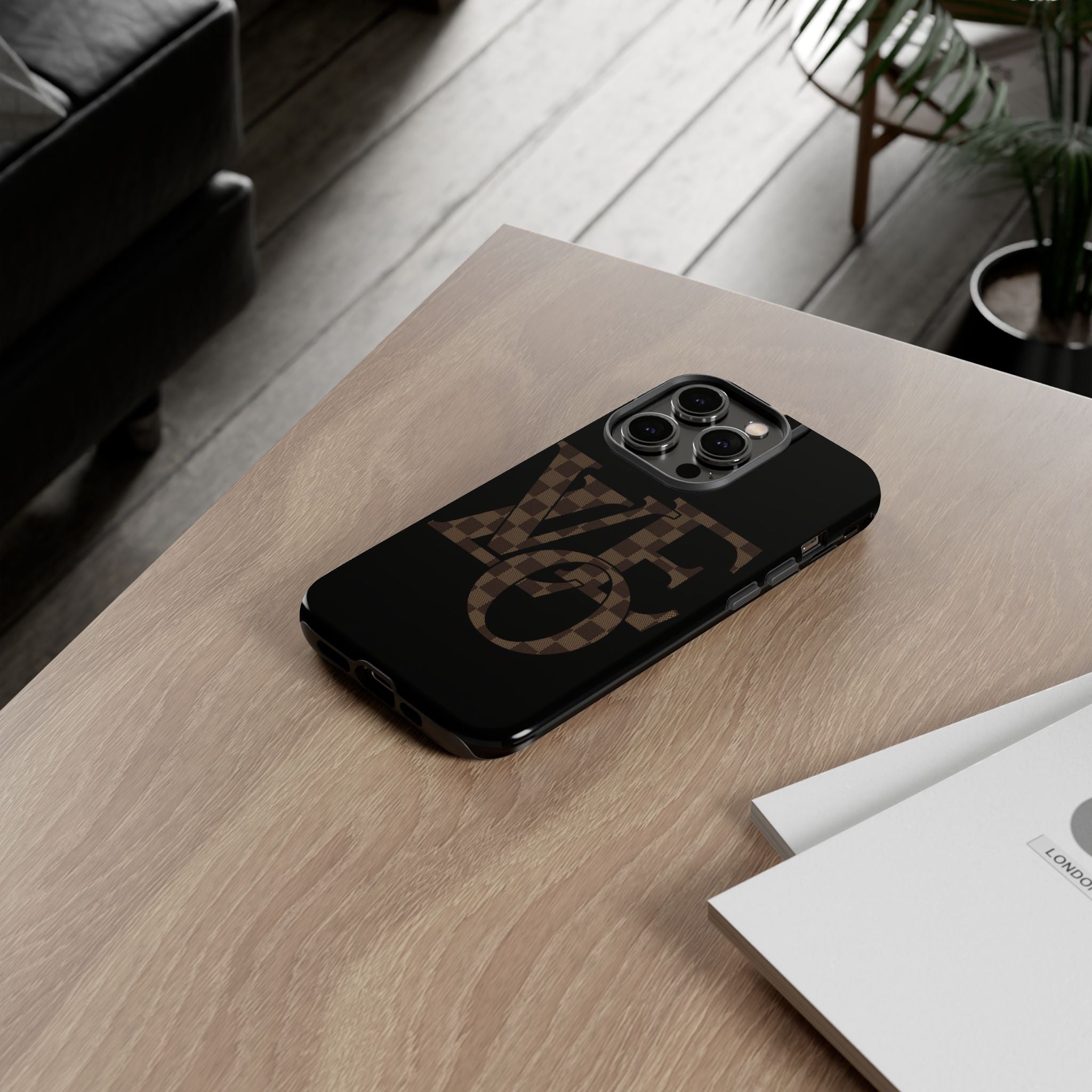 Black Tough Phone Case with Checkerboard "LOVE' Monogram — Protective iPhone Cover
