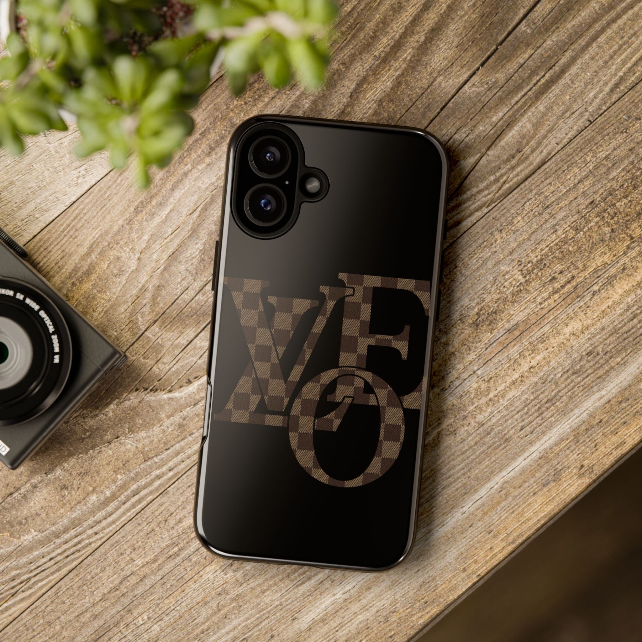 Black Tough Phone Case with Checkerboard "LOVE' Monogram — Protective iPhone Cover
