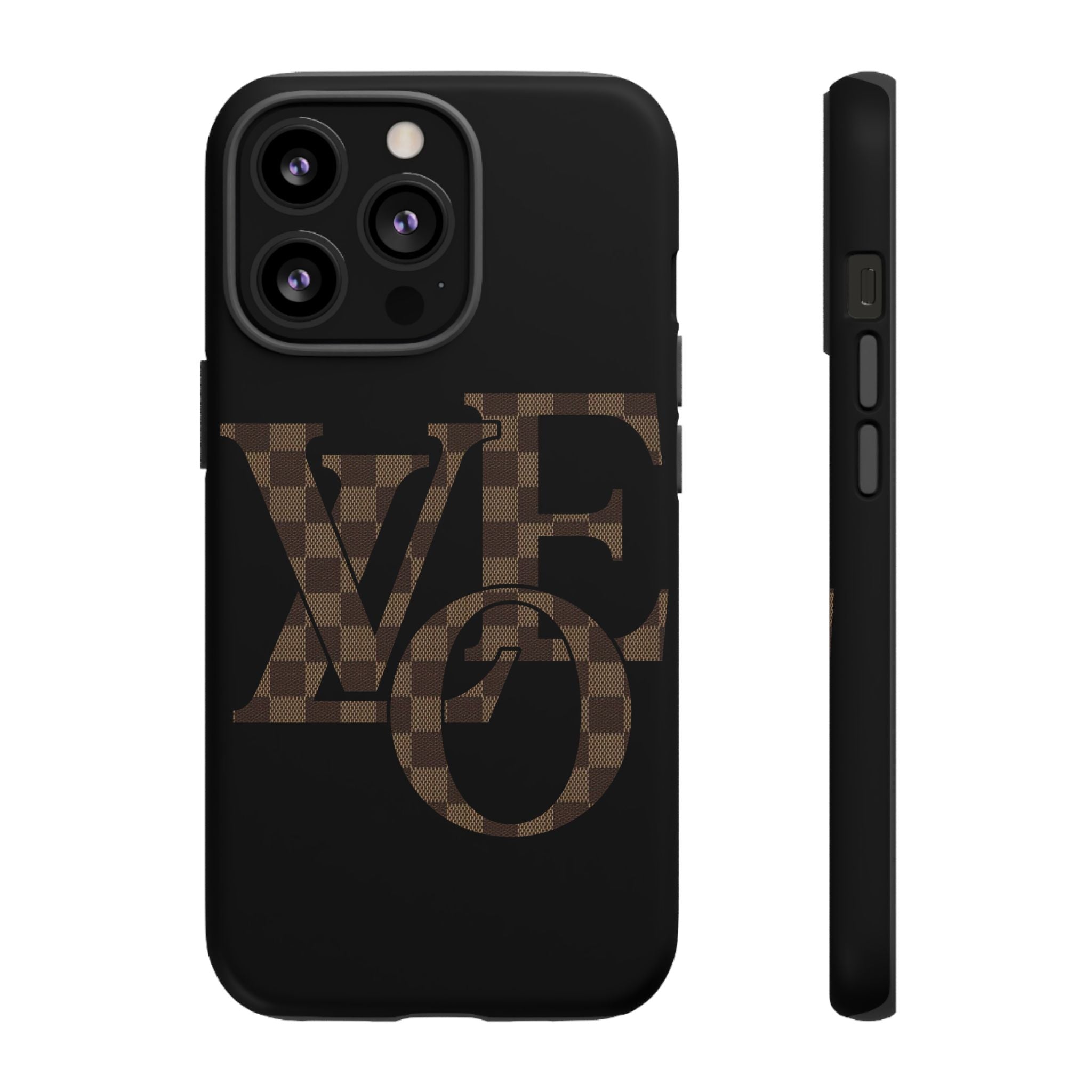 Black Tough Phone Case with Checkerboard "LOVE' Monogram — Protective iPhone Cover