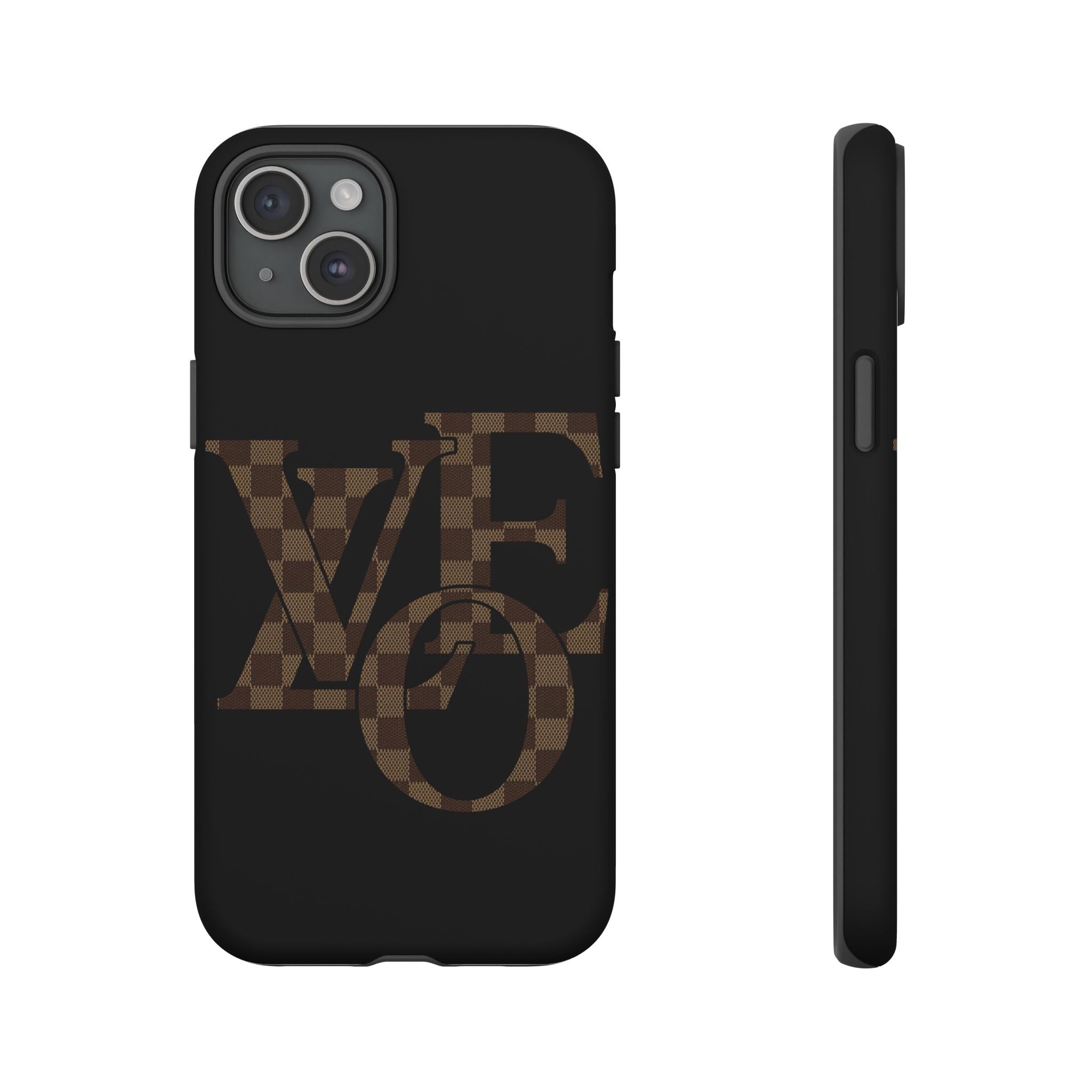 Black Tough Phone Case with Checkerboard "LOVE' Monogram — Protective iPhone Cover