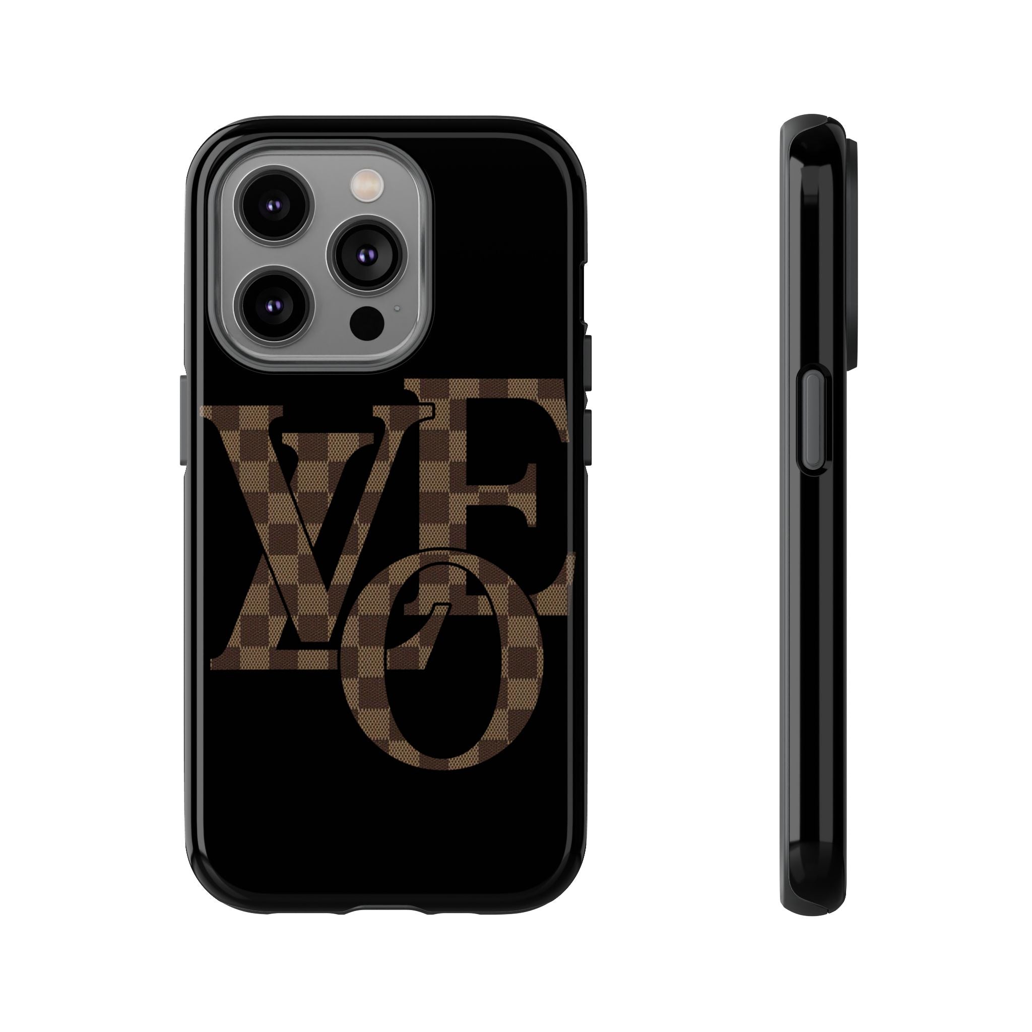 Black Tough Phone Case with Checkerboard "LOVE' Monogram — Protective iPhone Cover