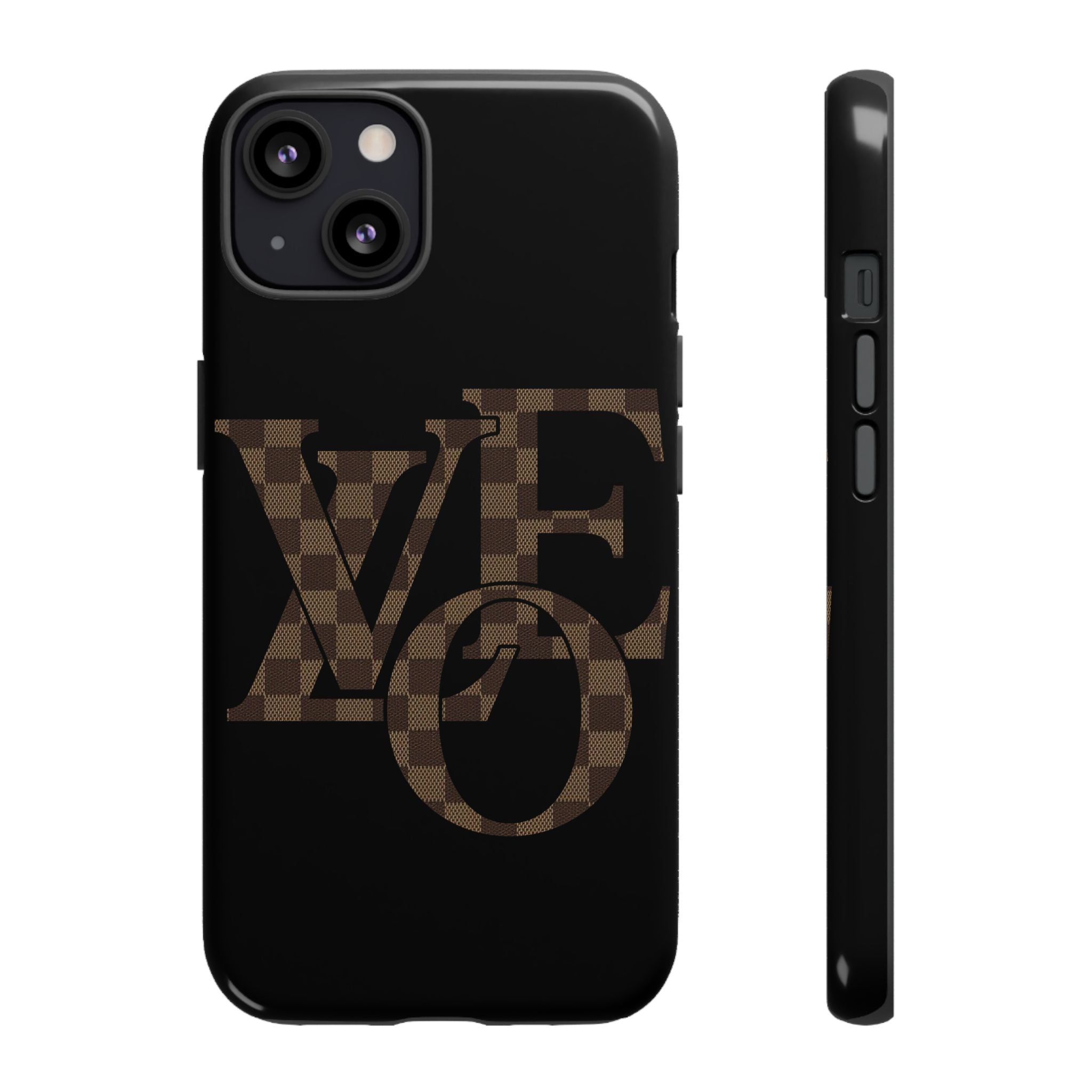 Black Tough Phone Case with Checkerboard "LOVE' Monogram — Protective iPhone Cover