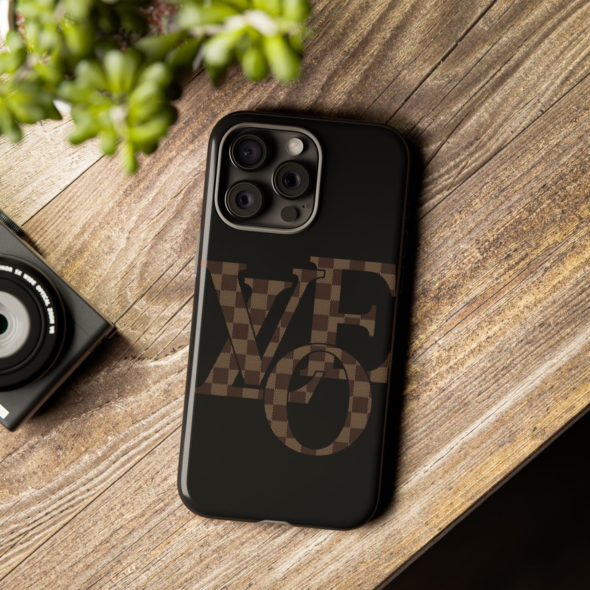 Black Tough Phone Case with Checkerboard "LOVE' Monogram — Protective iPhone Cover