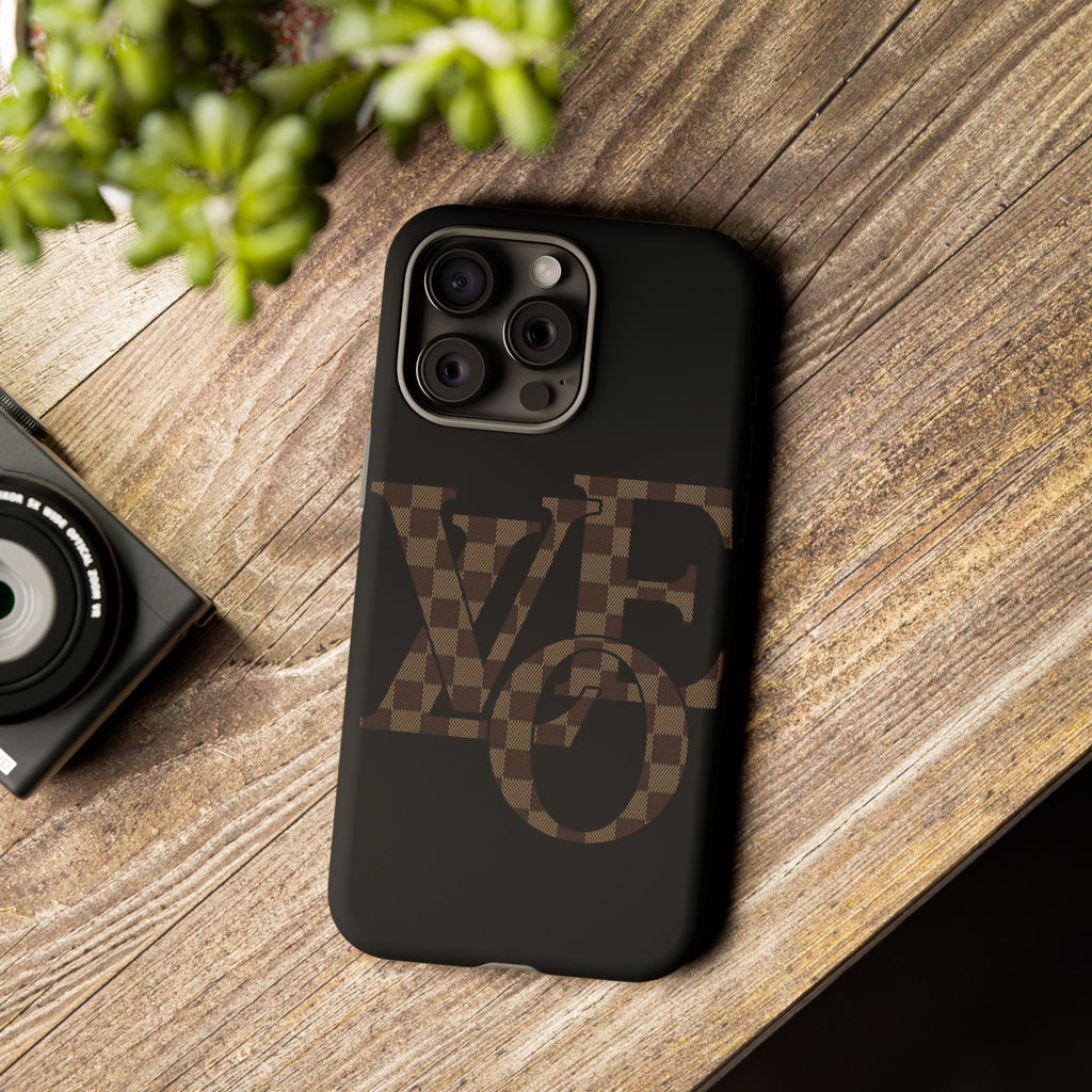 Black Tough Phone Case with Checkerboard "LOVE' Monogram — Protective iPhone Cover