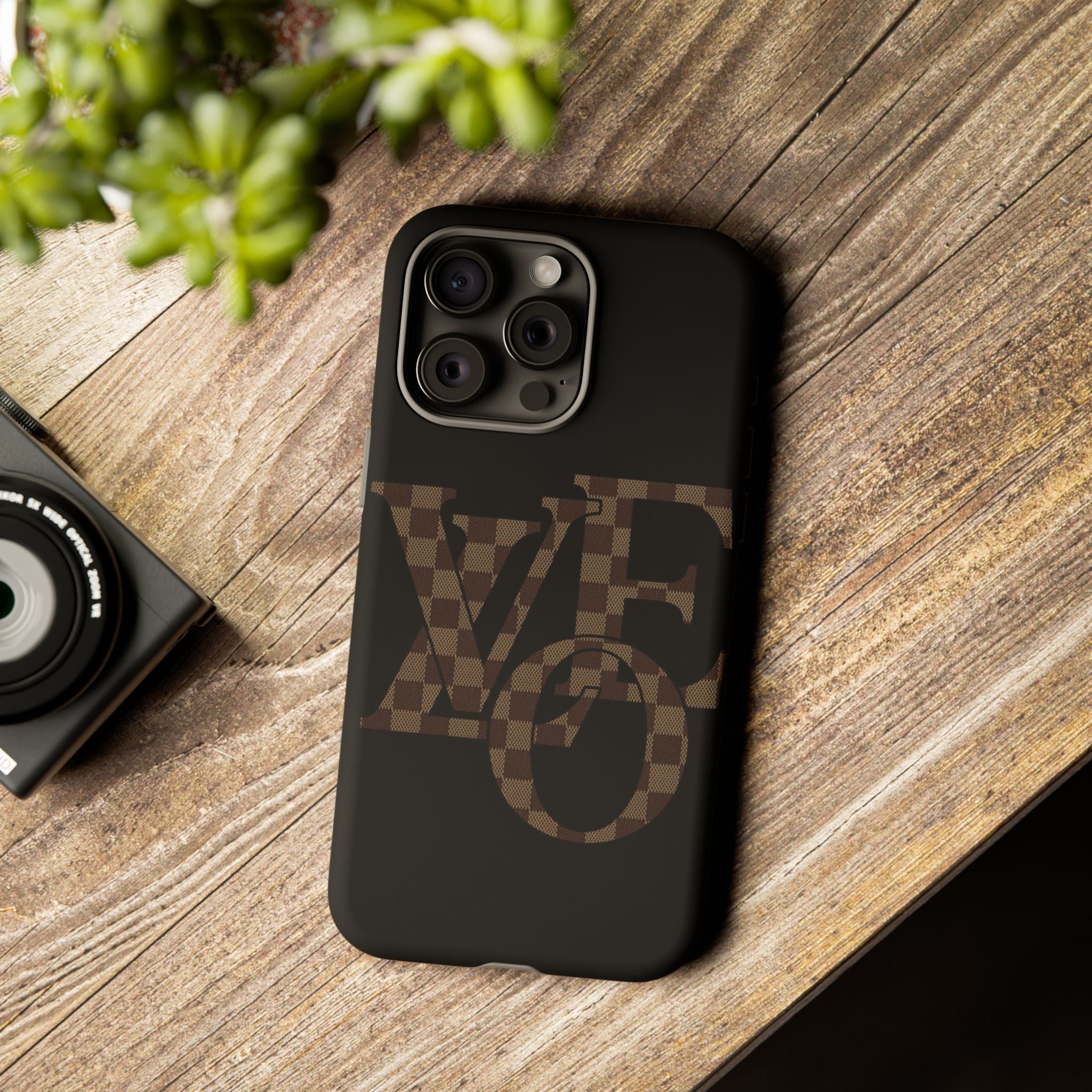 Black Tough Phone Case with Checkerboard "LOVE' Monogram — Protective iPhone Cover