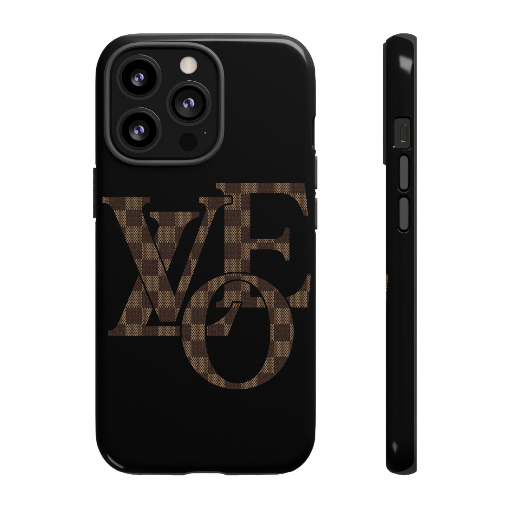 Black Tough Phone Case with Checkerboard "LOVE' Monogram — Protective iPhone Cover