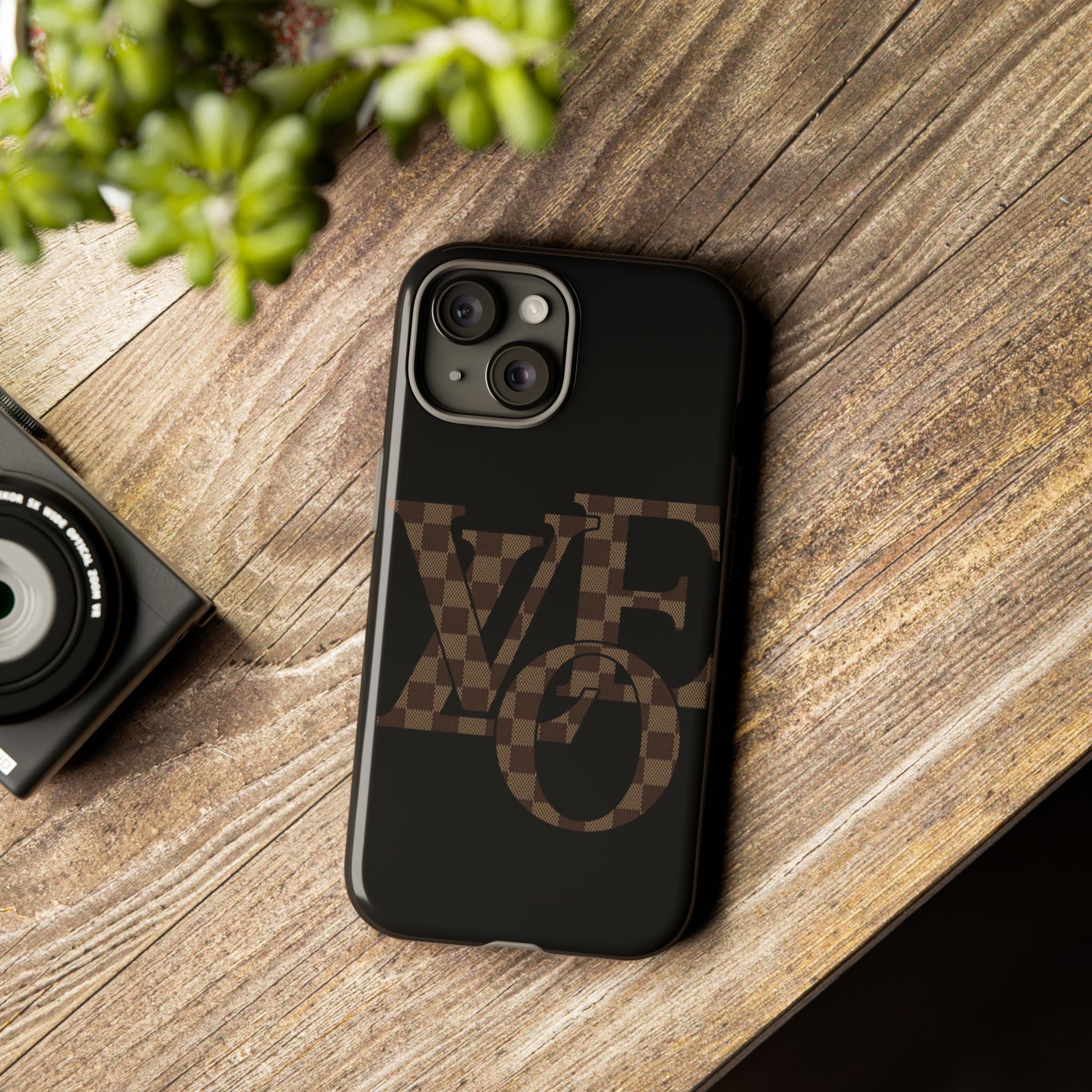 Black Tough Phone Case with Checkerboard "LOVE' Monogram — Protective iPhone Cover