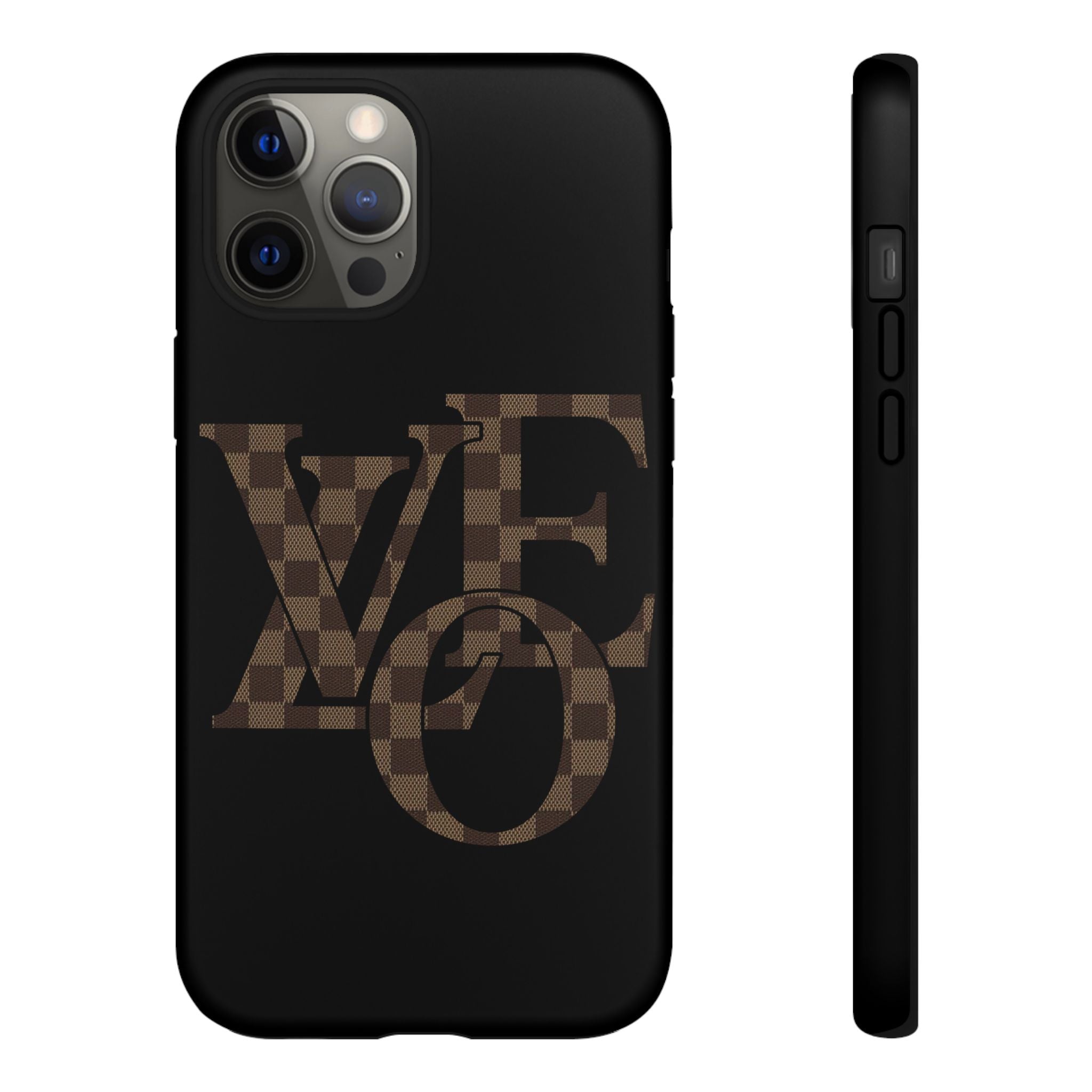 Black Tough Phone Case with Checkerboard "LOVE' Monogram — Protective iPhone Cover