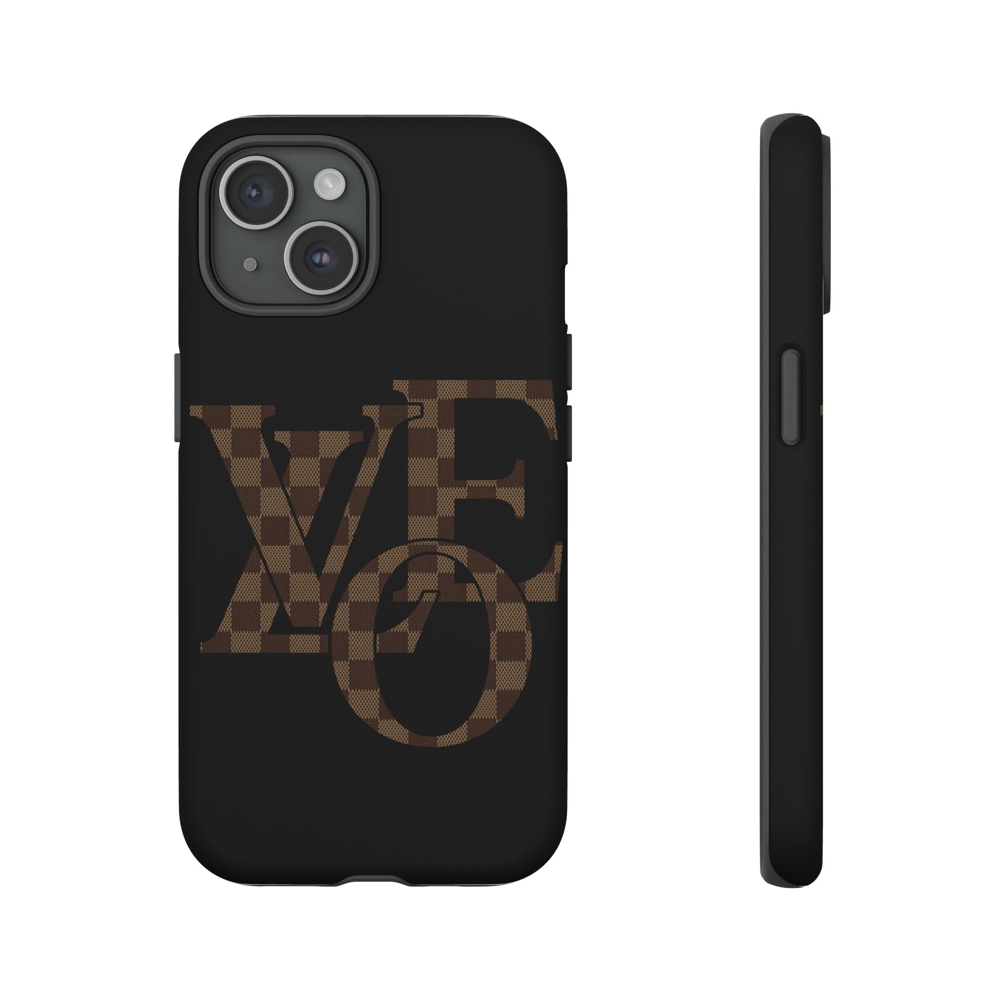 Black Tough Phone Case with Checkerboard "LOVE' Monogram — Protective iPhone Cover