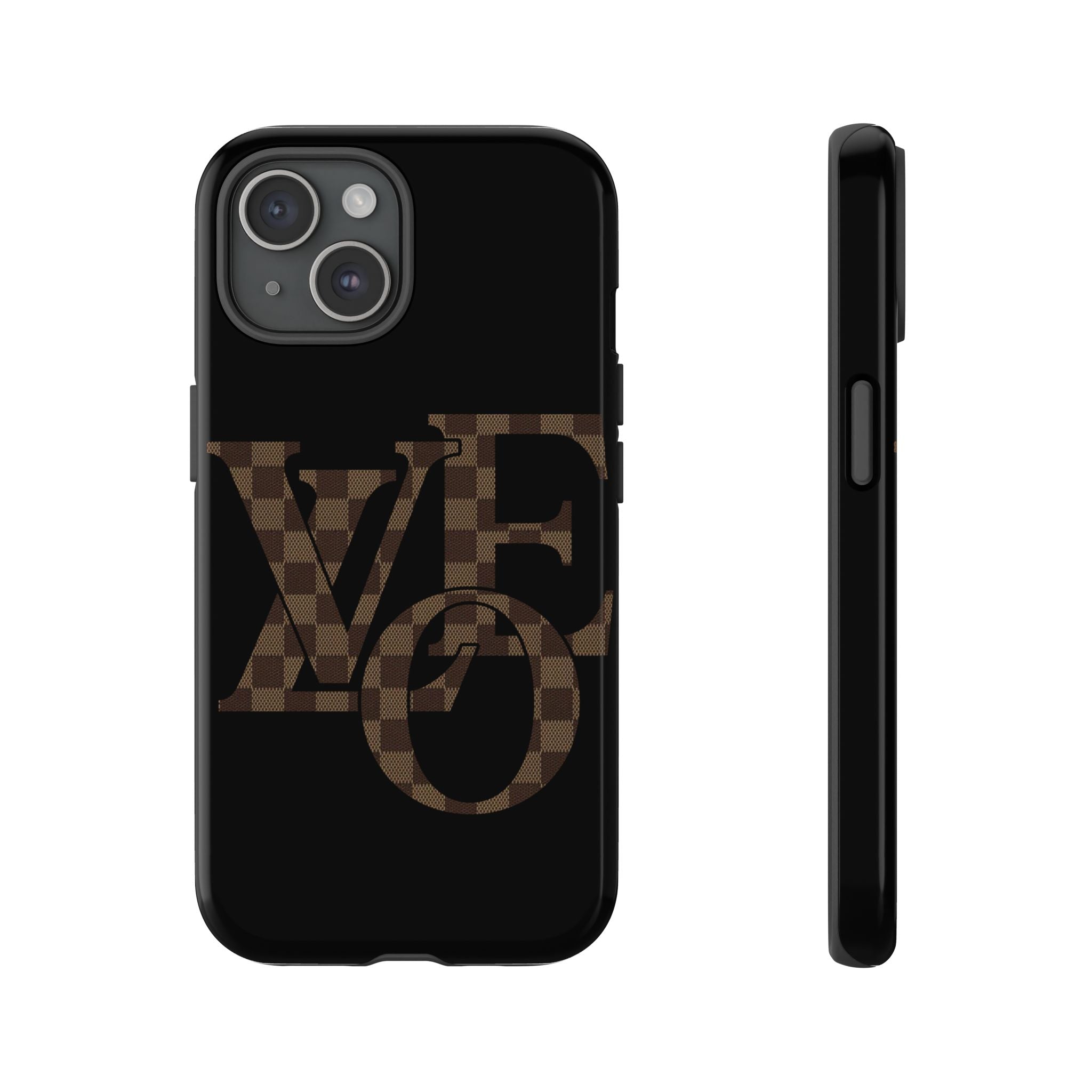 Black Tough Phone Case with Checkerboard "LOVE' Monogram — Protective iPhone Cover
