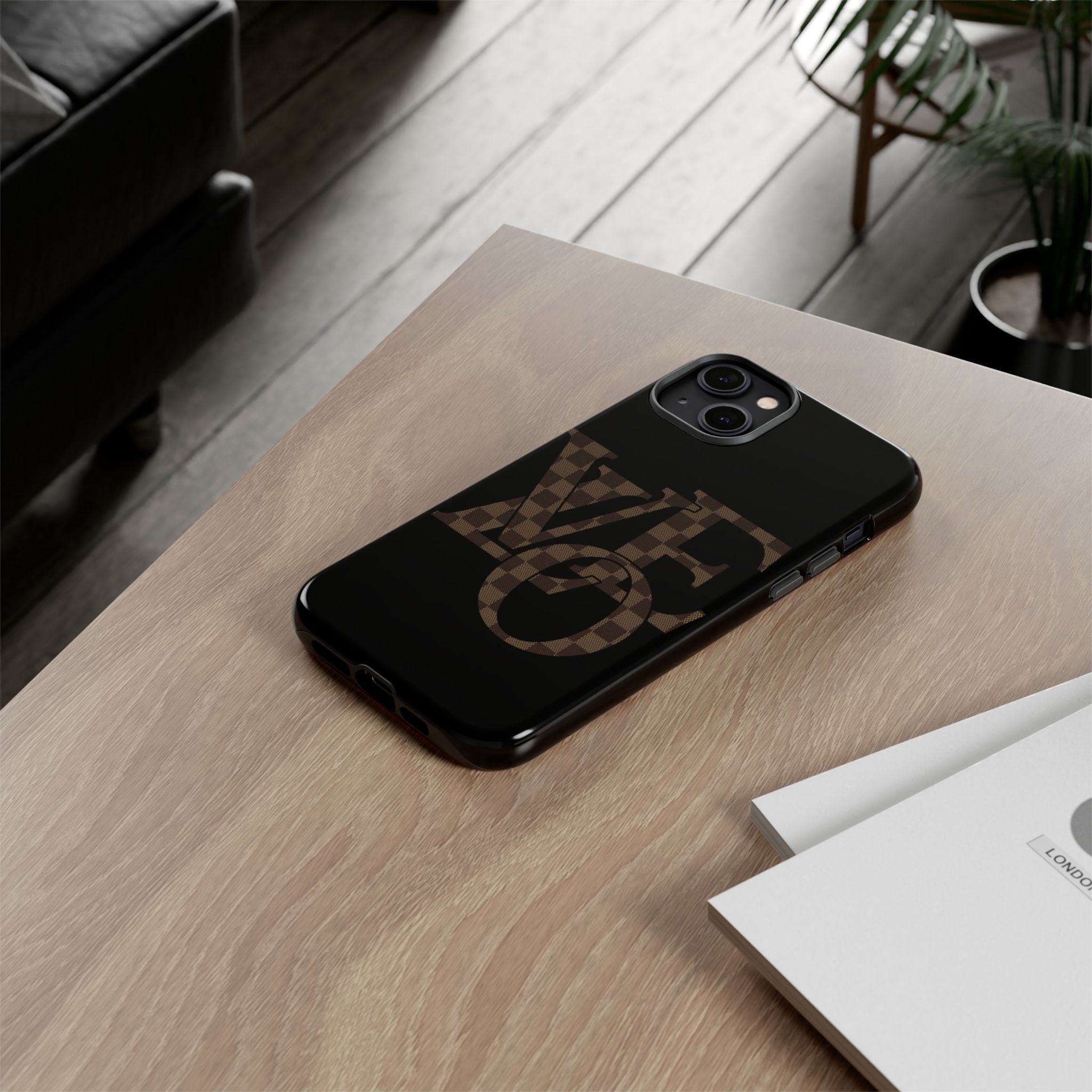 Black Tough Phone Case with Checkerboard "LOVE' Monogram — Protective iPhone Cover