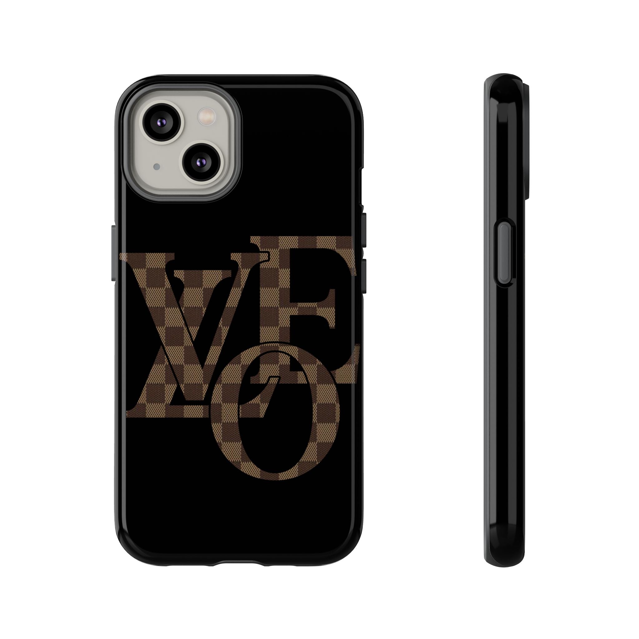 Black Tough Phone Case with Checkerboard "LOVE' Monogram — Protective iPhone Cover