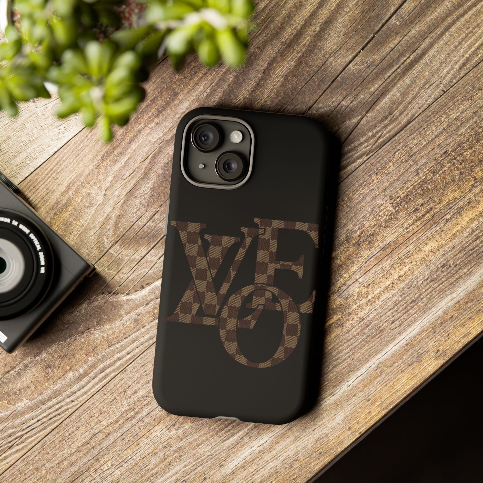 Black Tough Phone Case with Checkerboard "LOVE' Monogram — Protective iPhone Cover