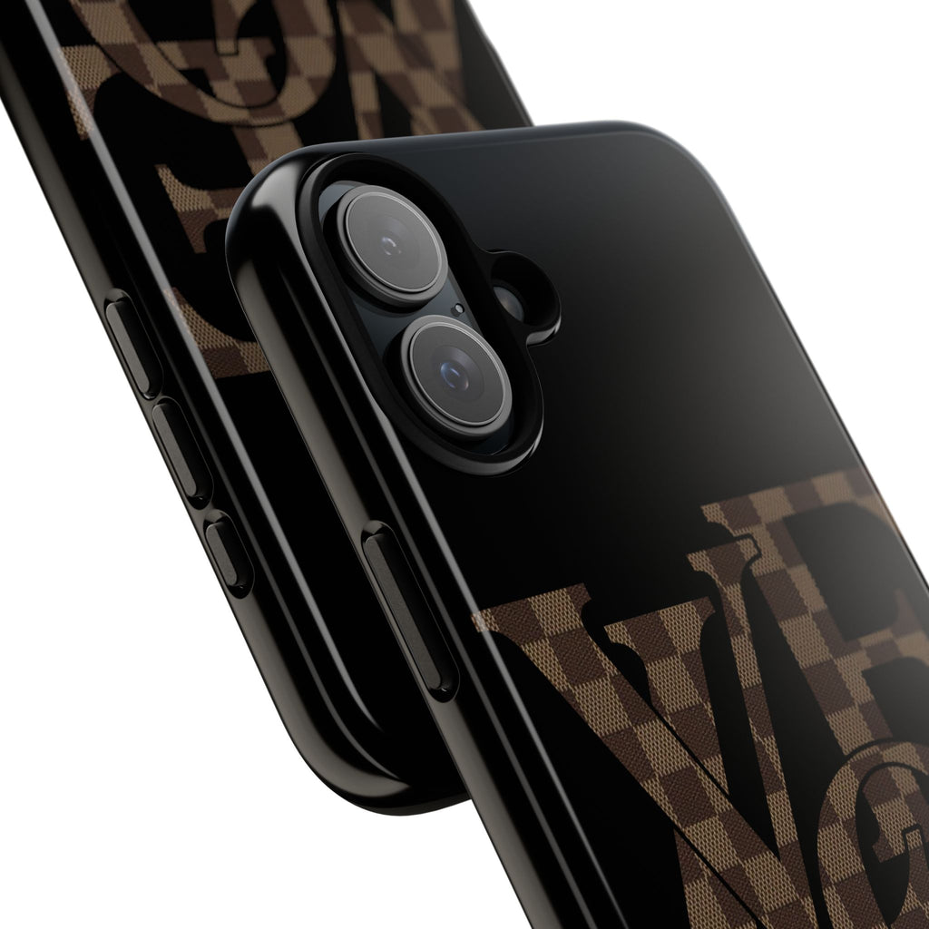 Black Tough Phone Case with Checkerboard "LOVE' Monogram — Protective iPhone Cover