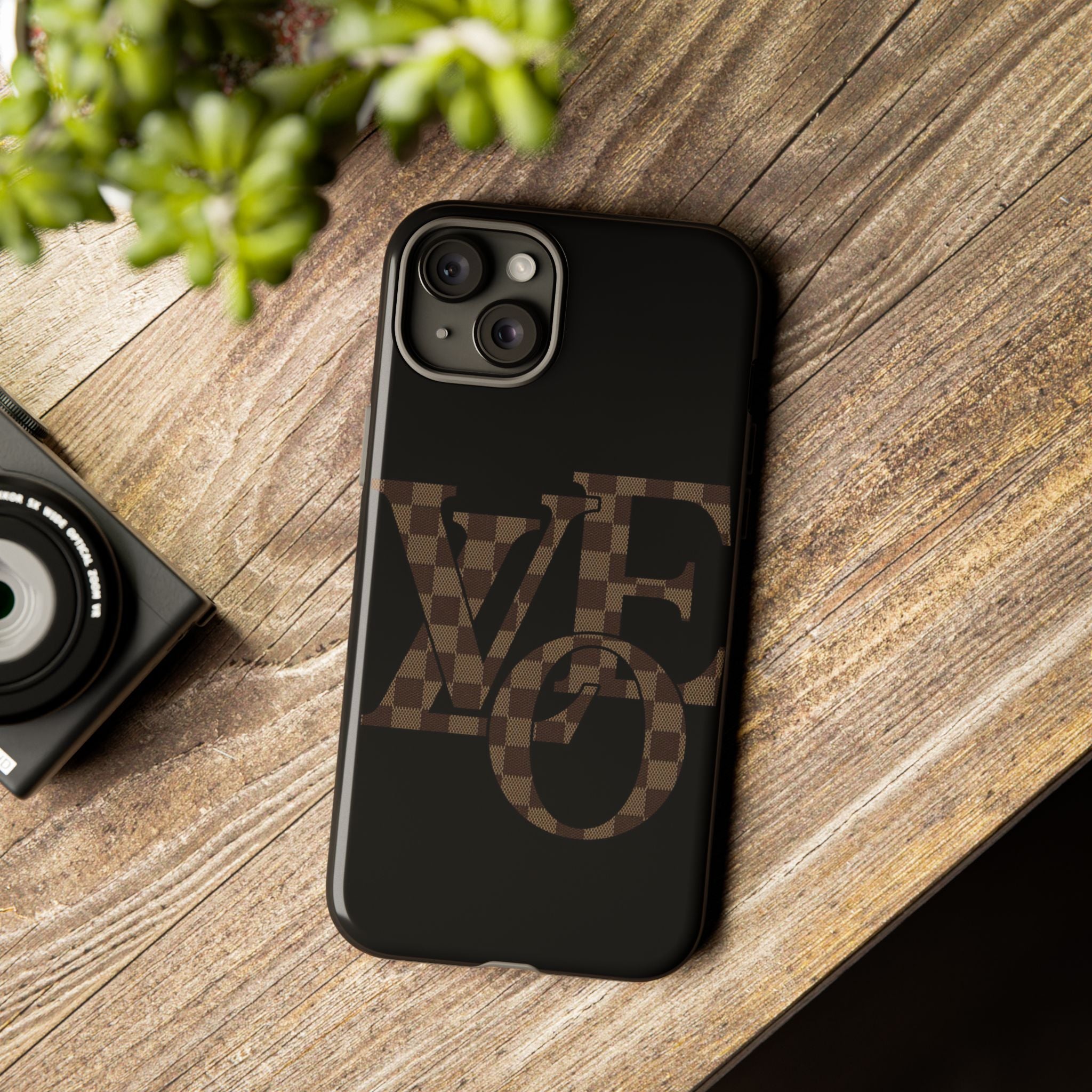 Black Tough Phone Case with Checkerboard "LOVE' Monogram — Protective iPhone Cover