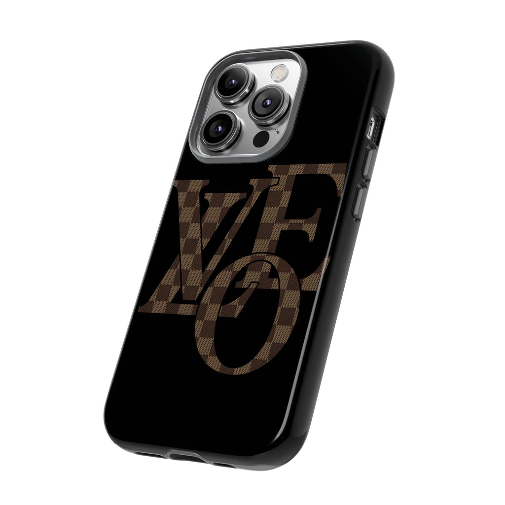 Black Tough Phone Case with Checkerboard "LOVE' Monogram — Protective iPhone Cover