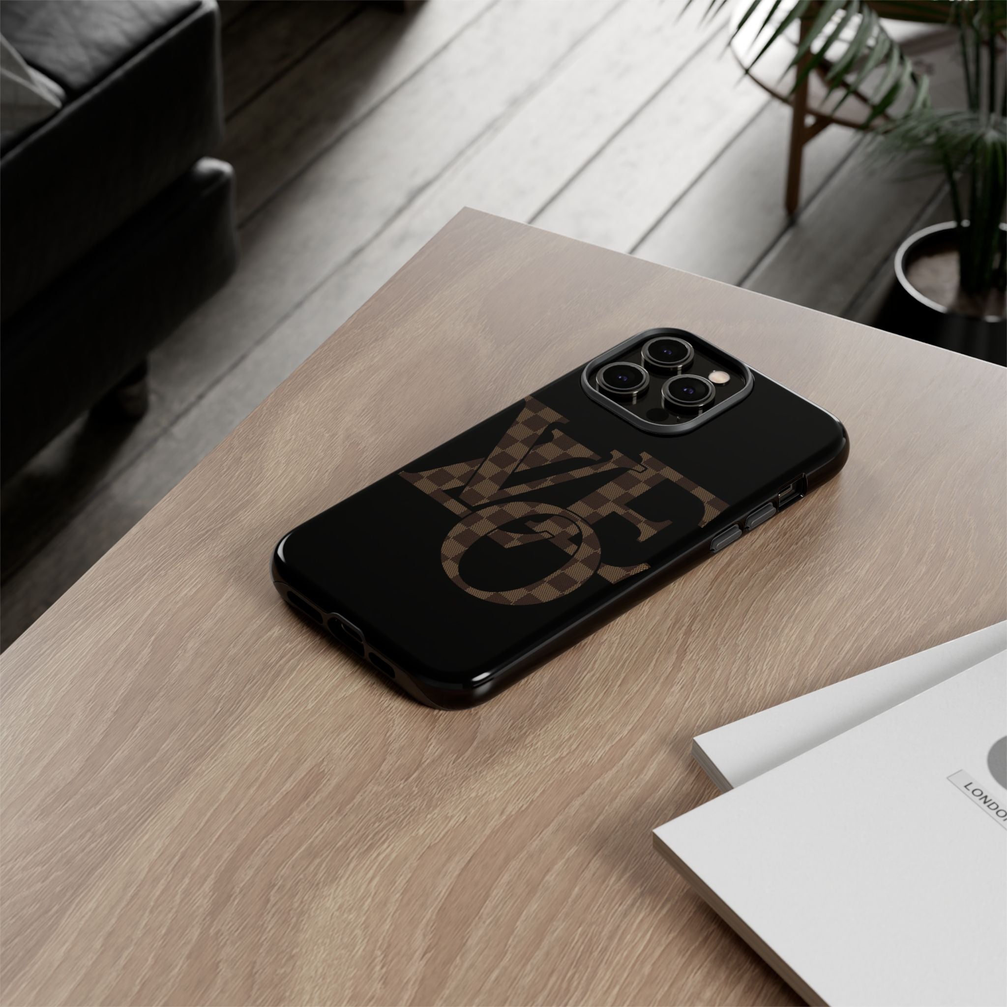 Black Tough Phone Case with Checkerboard "LOVE' Monogram — Protective iPhone Cover
