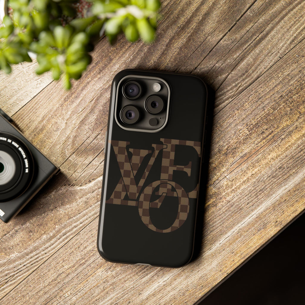 Black Tough Phone Case with Checkerboard "LOVE' Monogram — Protective iPhone Cover