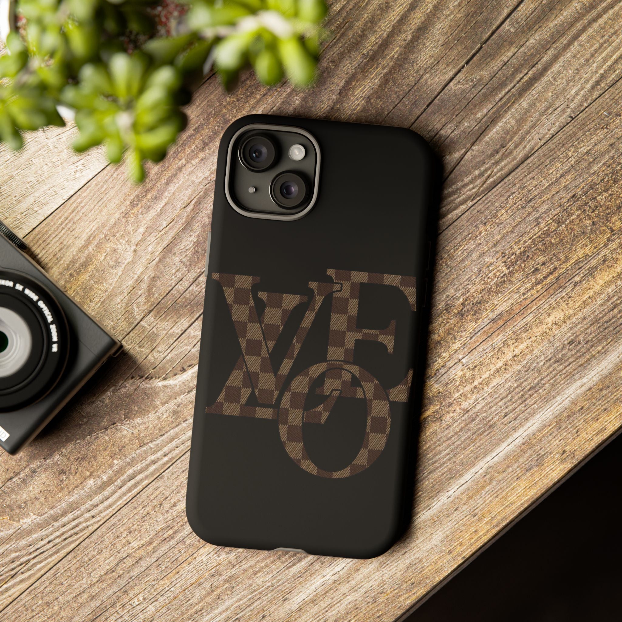 Black Tough Phone Case with Checkerboard "LOVE' Monogram — Protective iPhone Cover
