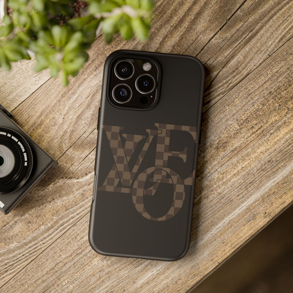 Black Tough Phone Case with Checkerboard "LOVE' Monogram — Protective iPhone Cover