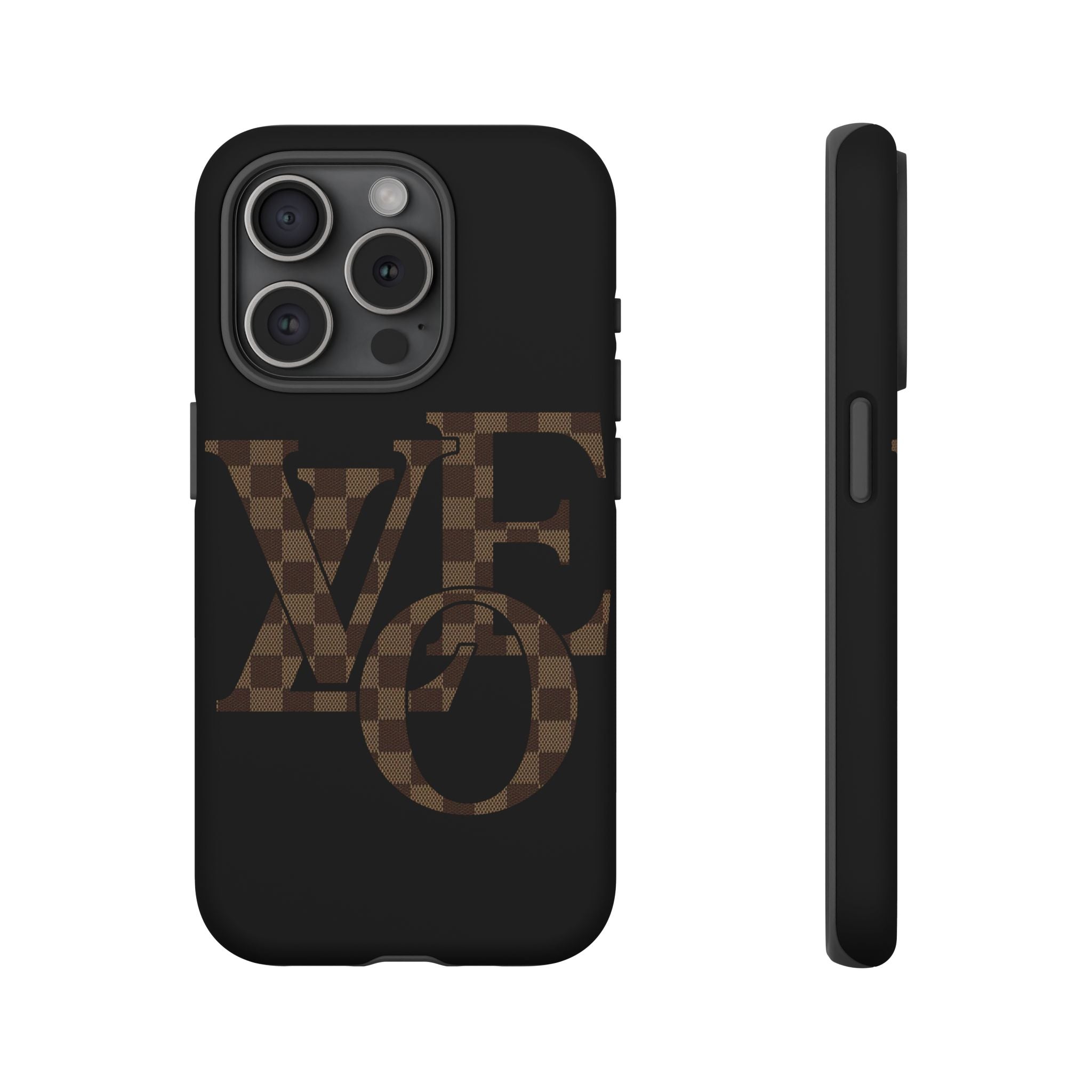 Black Tough Phone Case with Checkerboard "LOVE' Monogram — Protective iPhone Cover