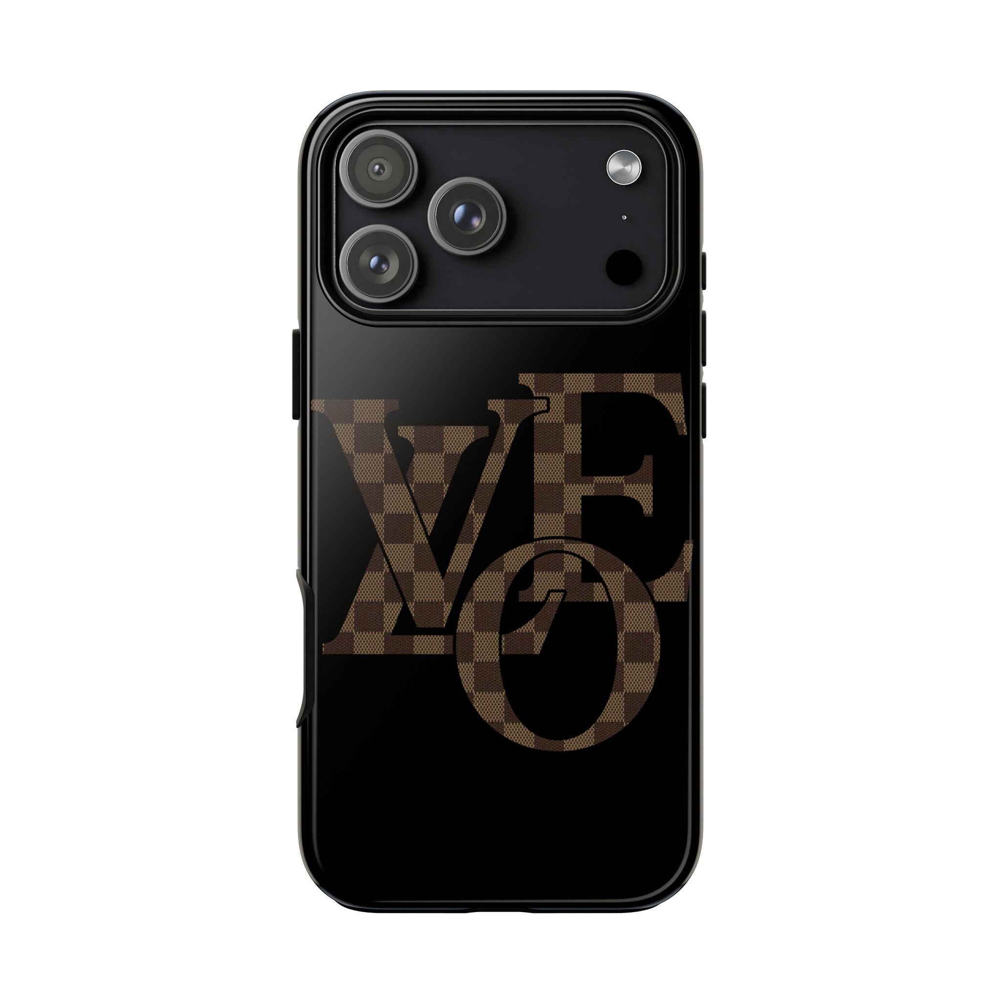 Black Tough Phone Case with Checkerboard "LOVE' Monogram — Protective iPhone Cover