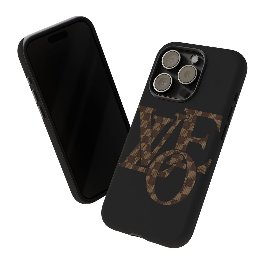 Black Tough Phone Case with Checkerboard "LOVE' Monogram — Protective iPhone Cover