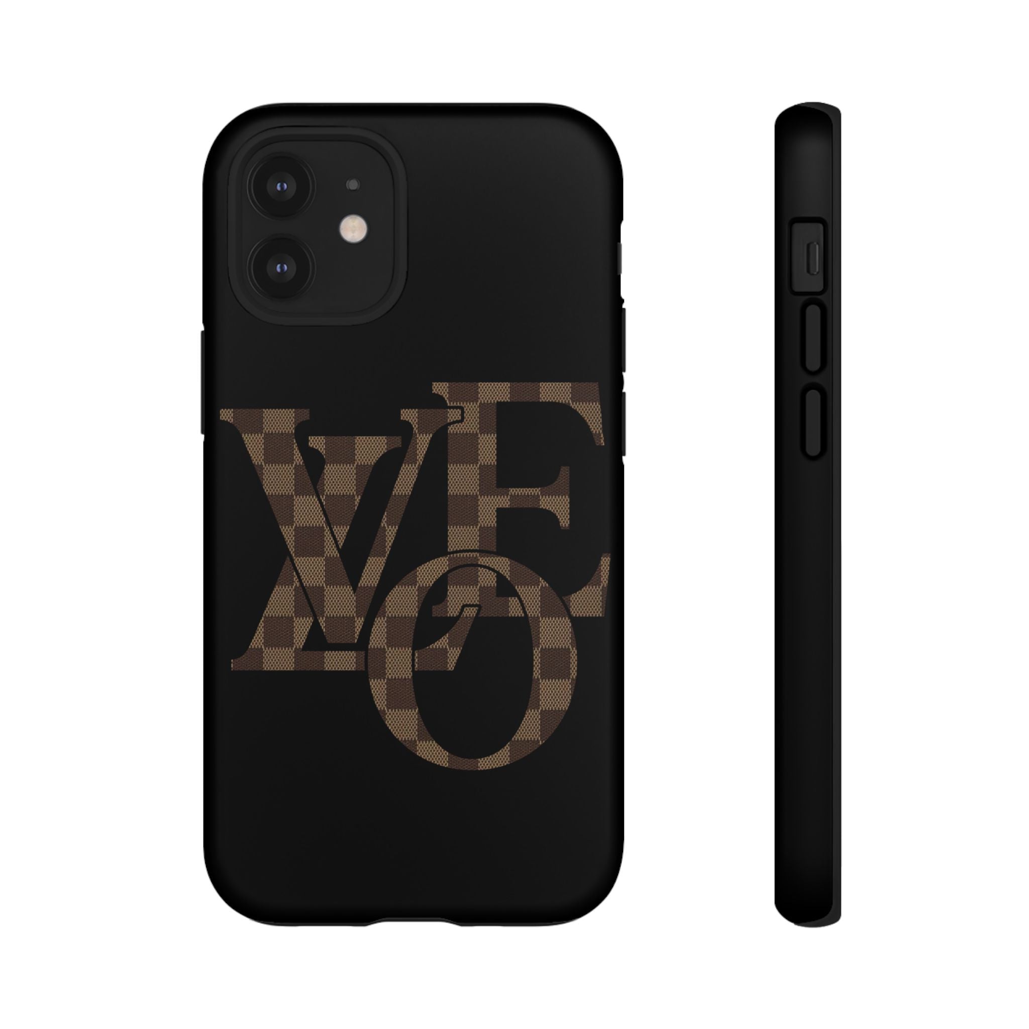 Black Tough Phone Case with Checkerboard "LOVE' Monogram — Protective iPhone Cover