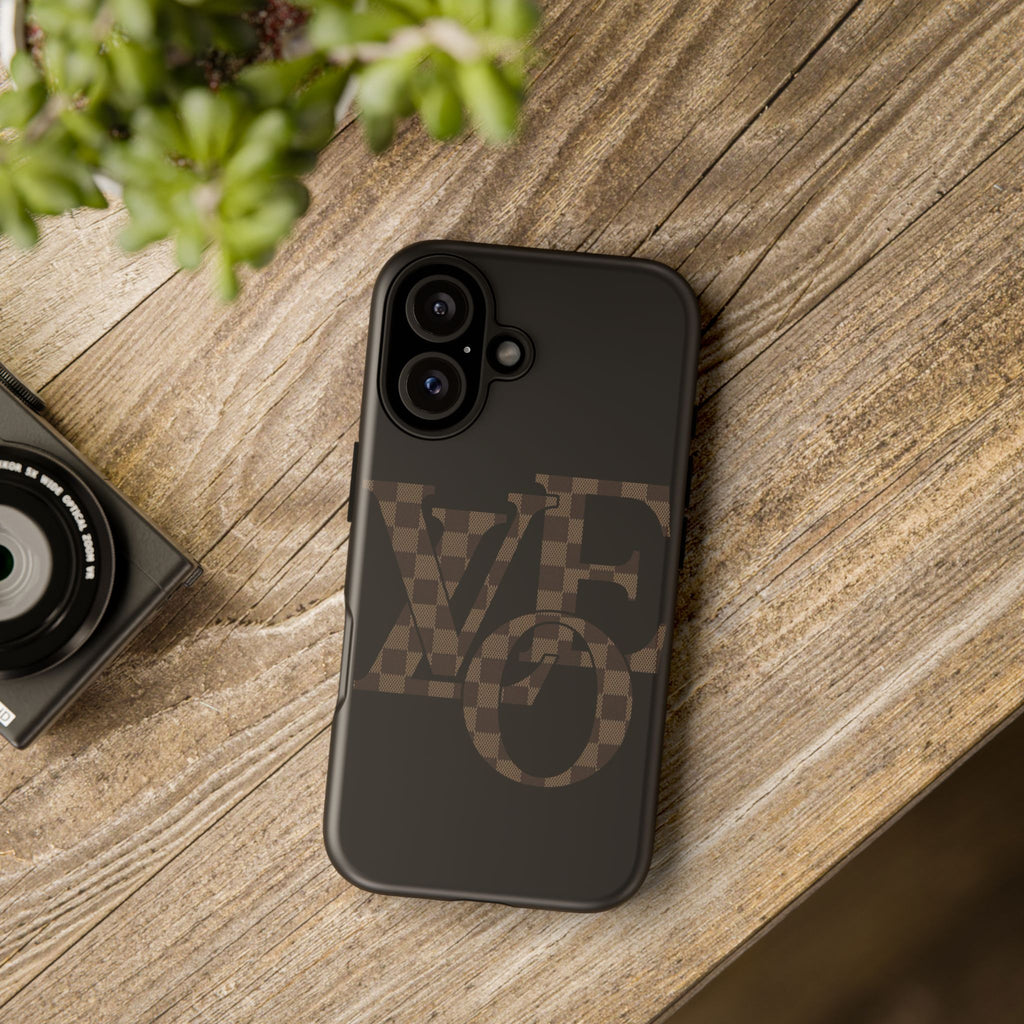 Black Tough Phone Case with Checkerboard "LOVE' Monogram — Protective iPhone Cover
