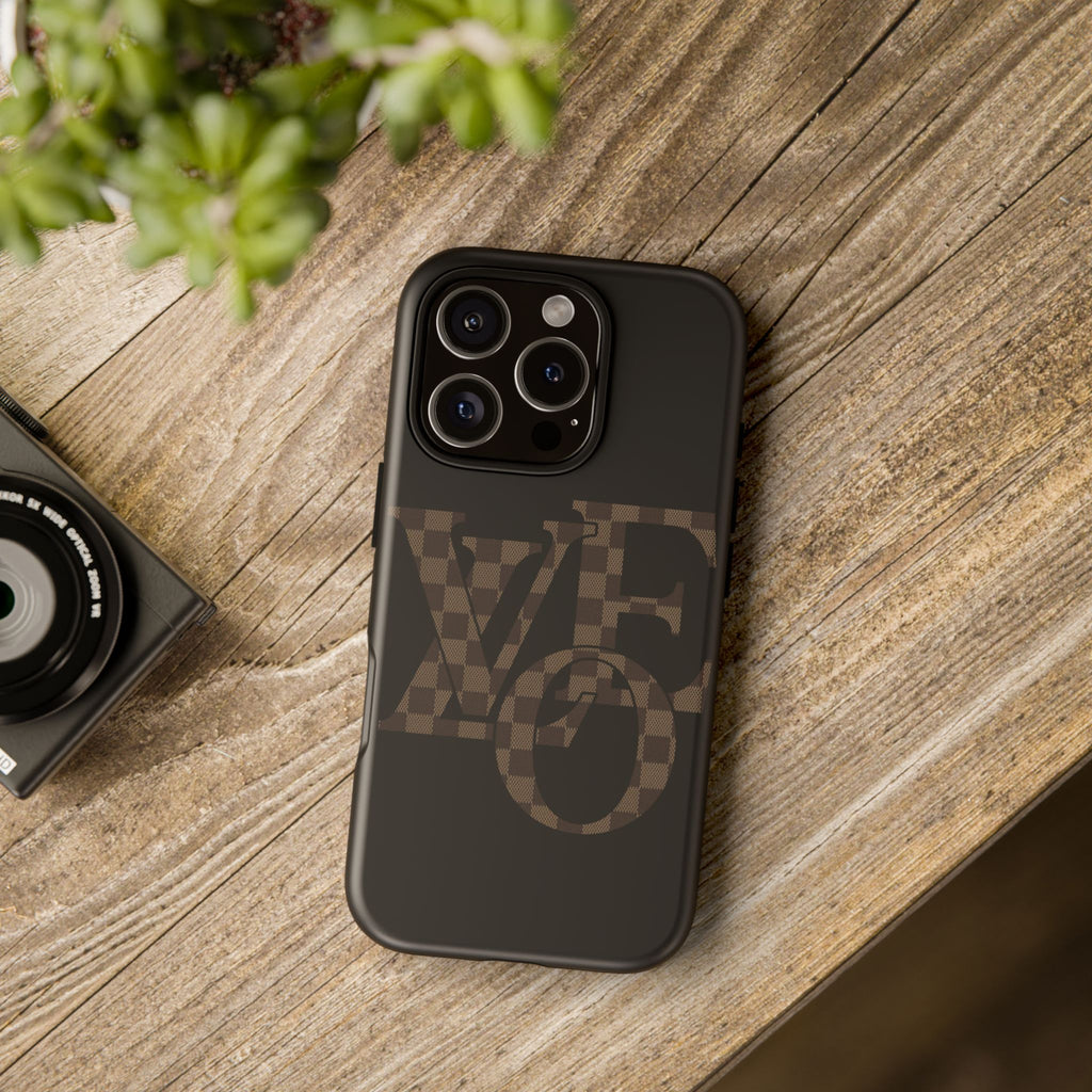 Black Tough Phone Case with Checkerboard "LOVE' Monogram — Protective iPhone Cover