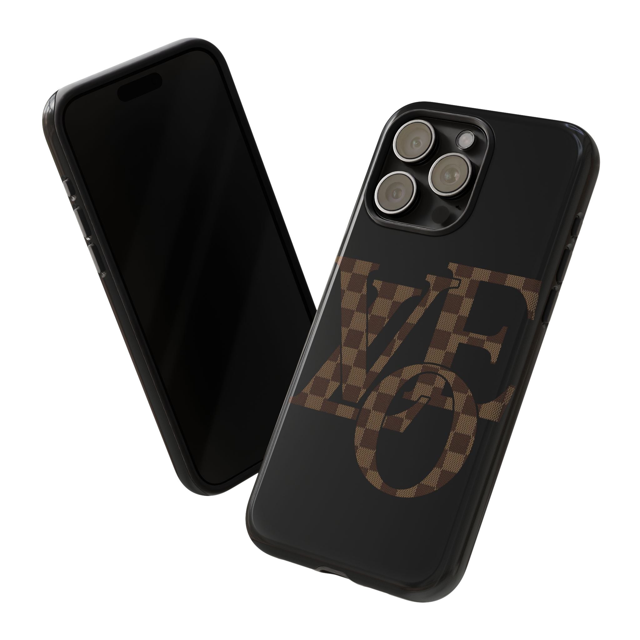 Black Tough Phone Case with Checkerboard "LOVE' Monogram — Protective iPhone Cover