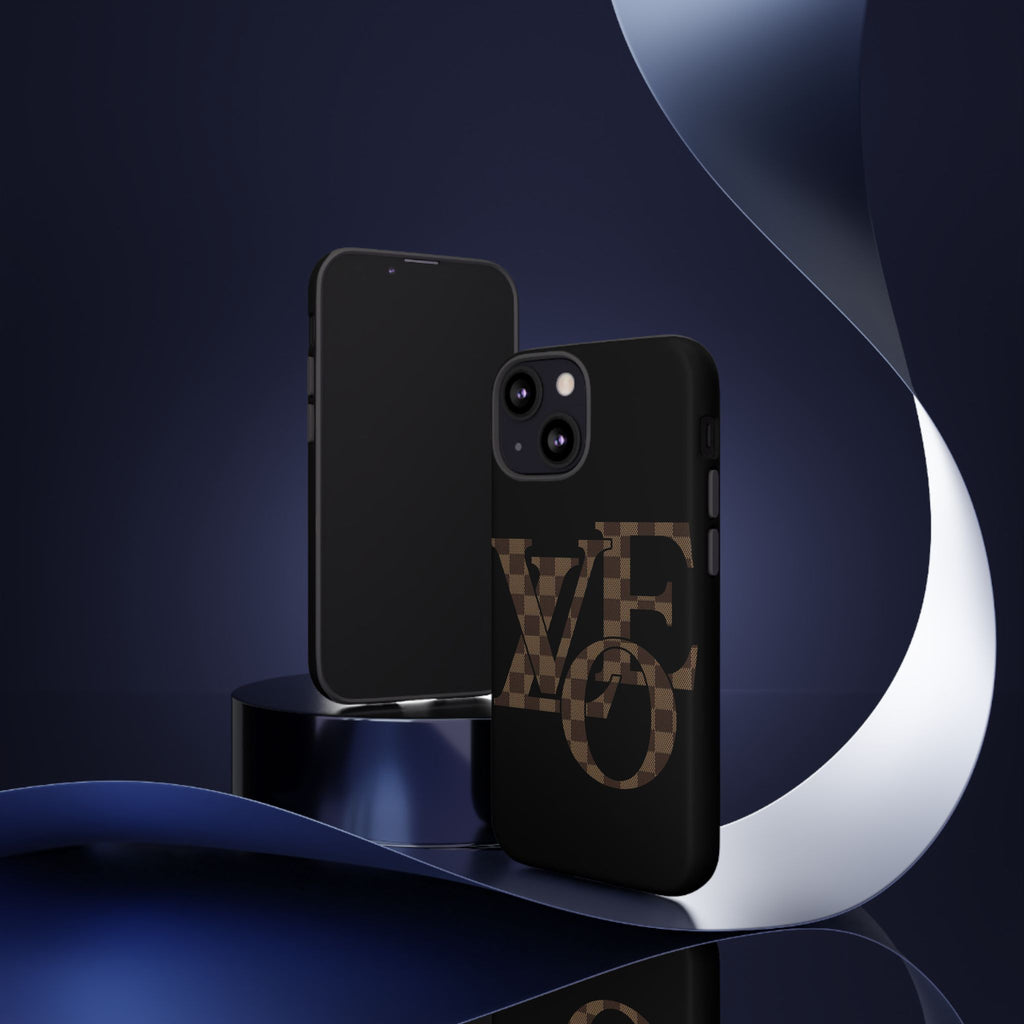 Black Tough Phone Case with Checkerboard "LOVE' Monogram — Protective iPhone Cover