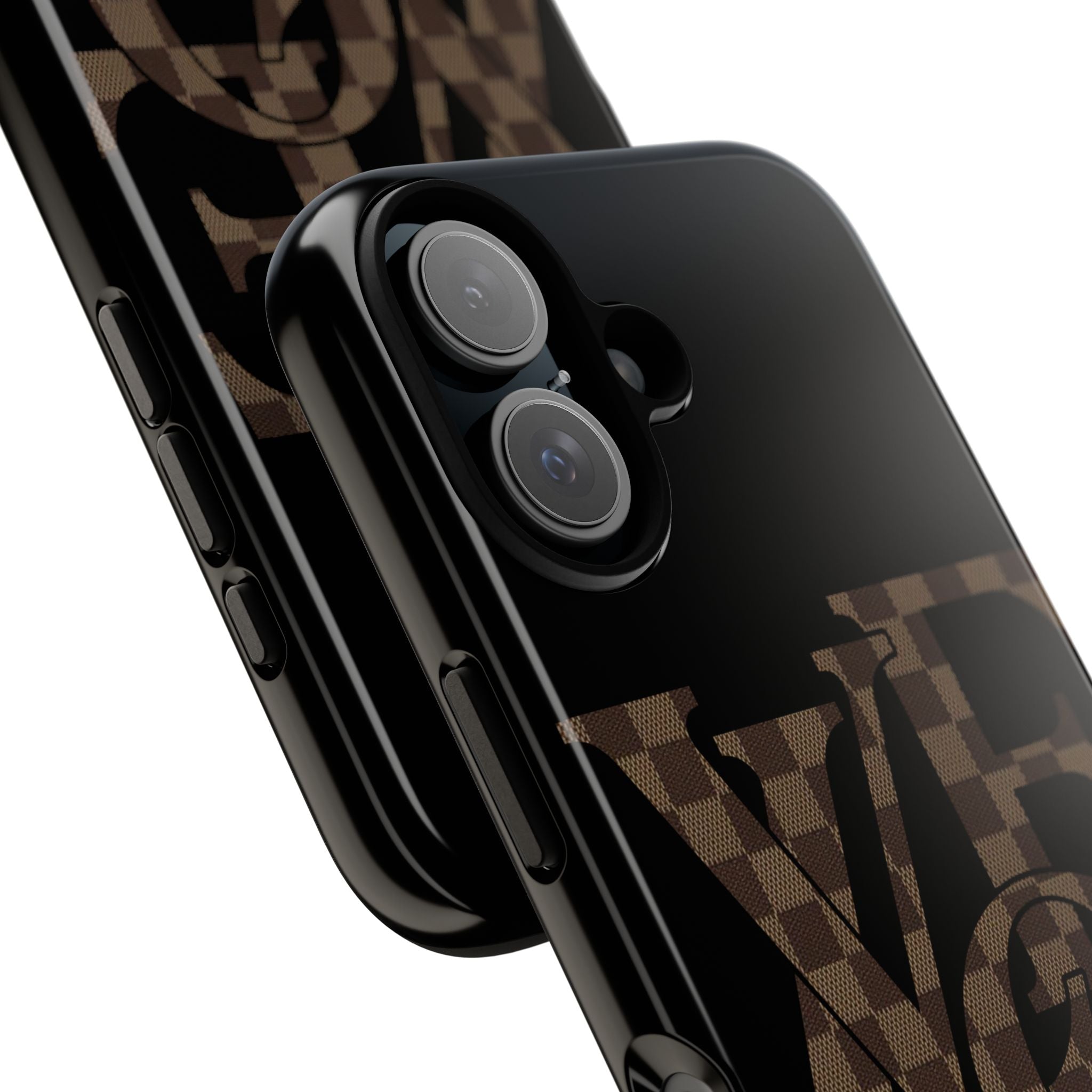 Black Tough Phone Case with Checkerboard "LOVE' Monogram — Protective iPhone Cover
