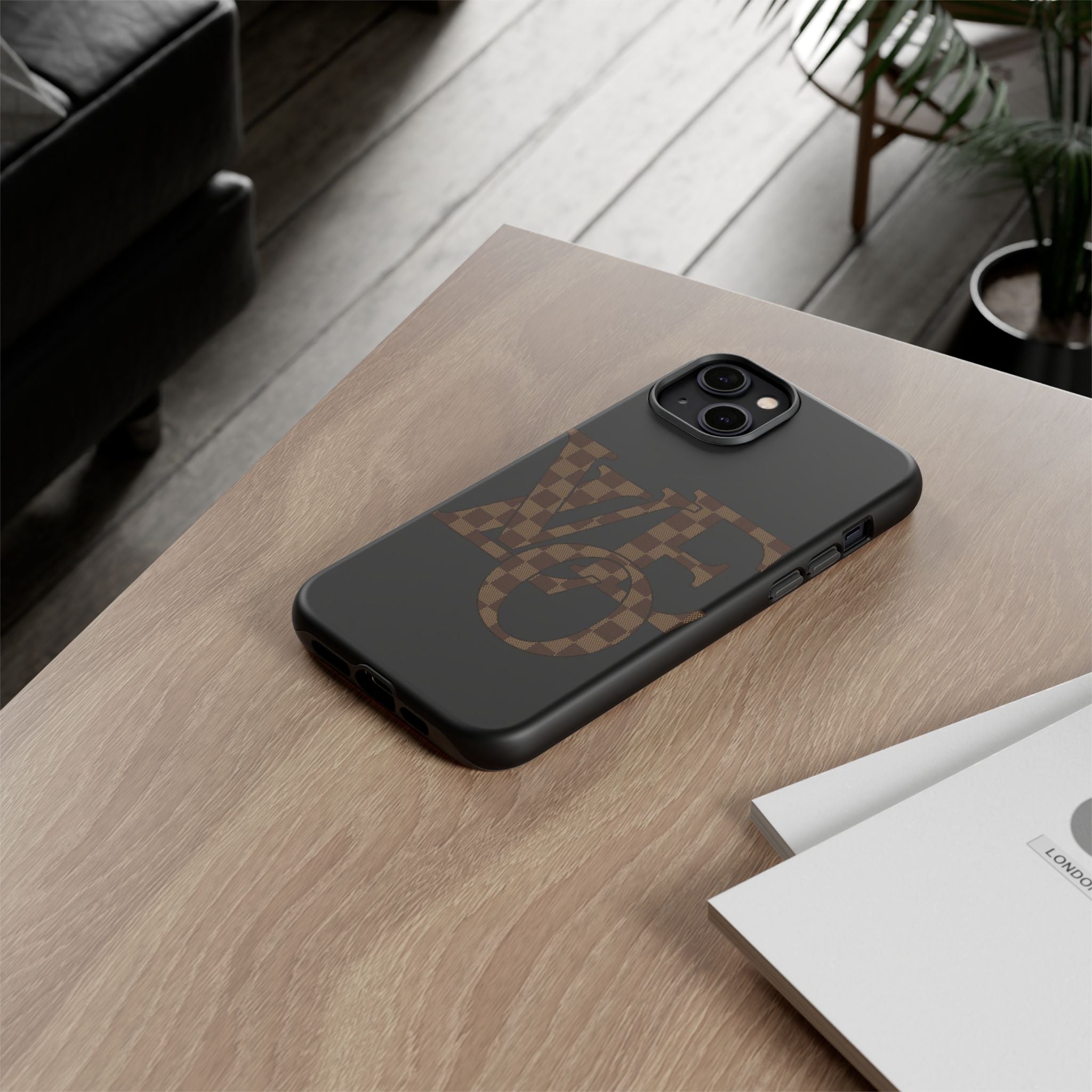 Black Tough Phone Case with Checkerboard "LOVE' Monogram — Protective iPhone Cover