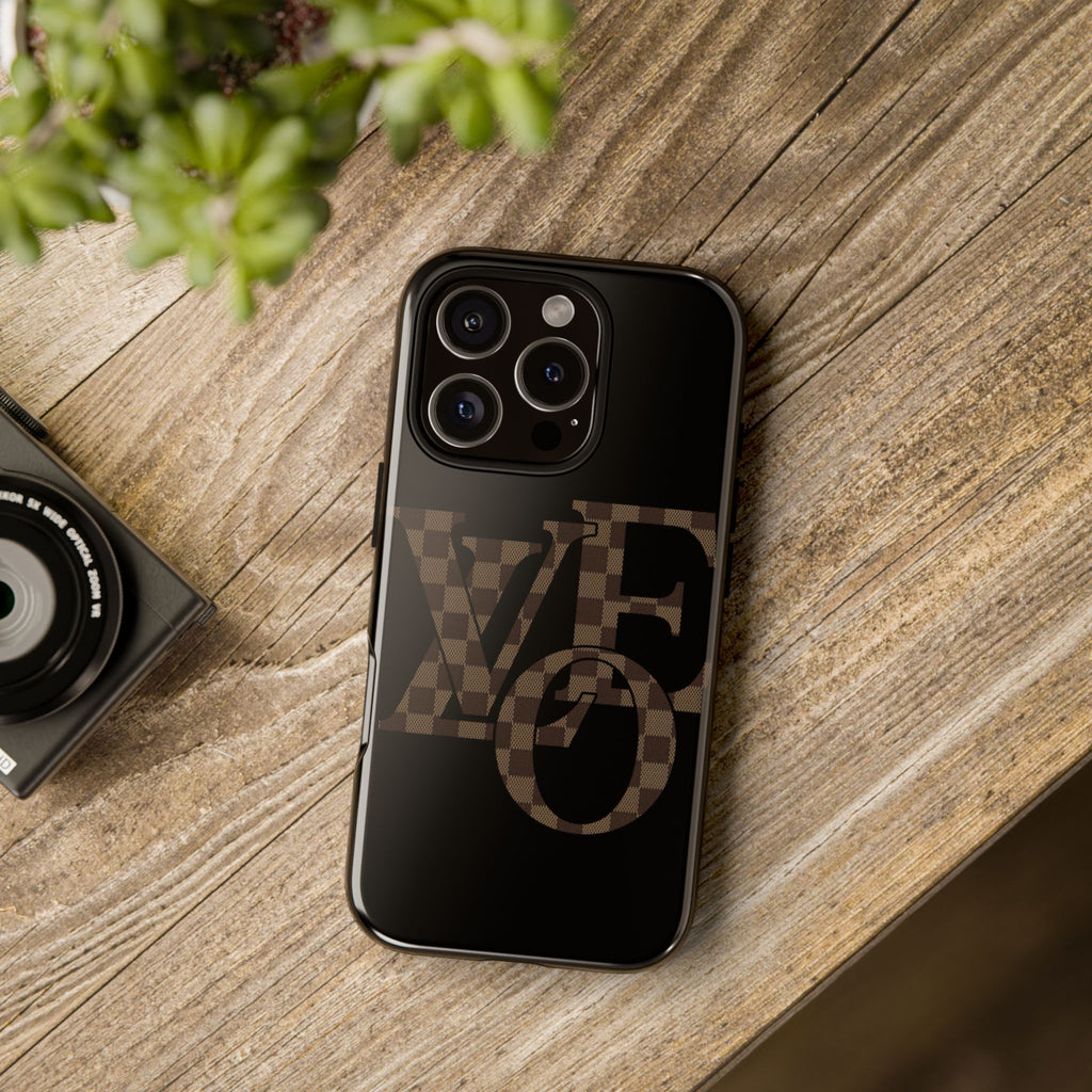 Black Tough Phone Case with Checkerboard "LOVE' Monogram — Protective iPhone Cover
