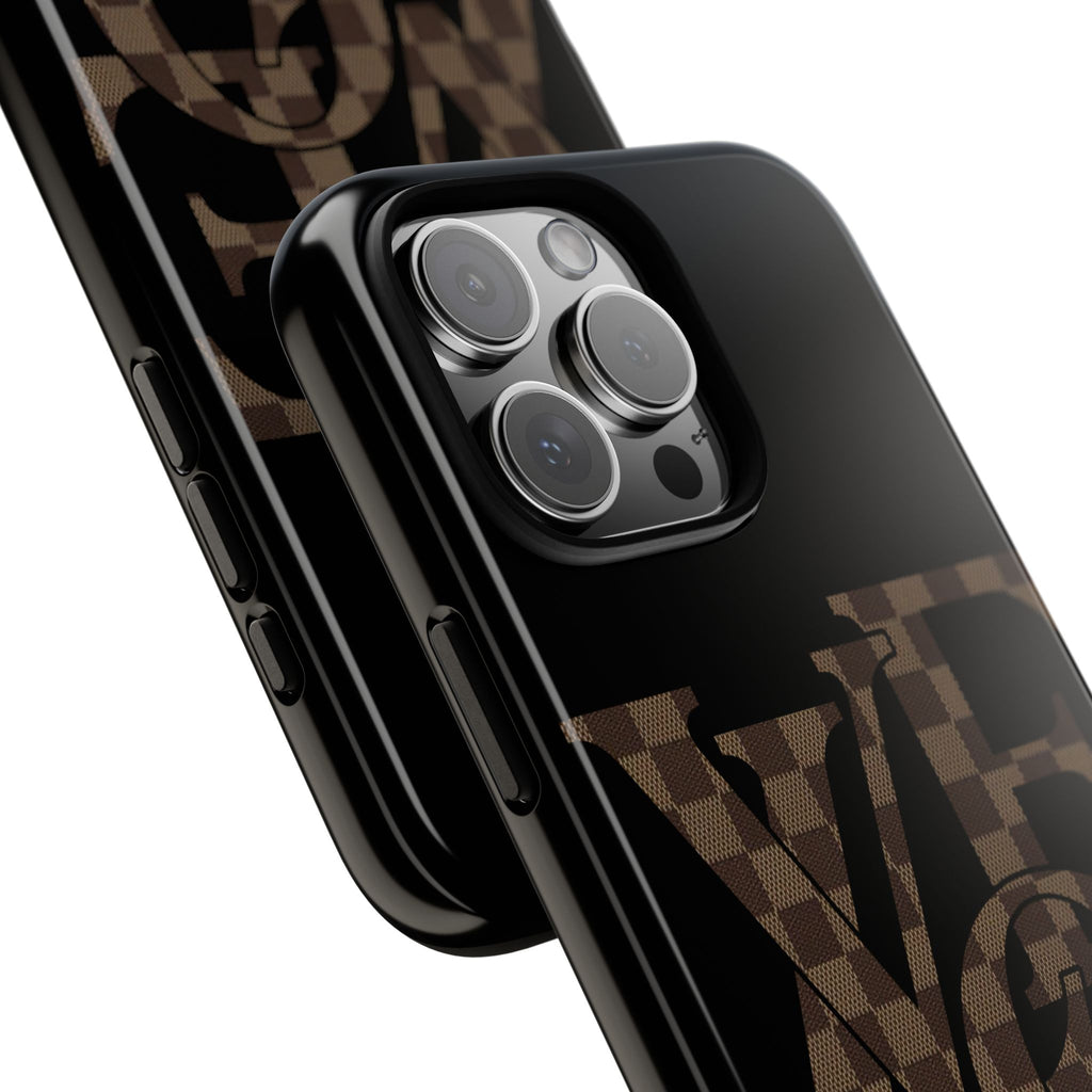 Black Tough Phone Case with Checkerboard "LOVE' Monogram — Protective iPhone Cover