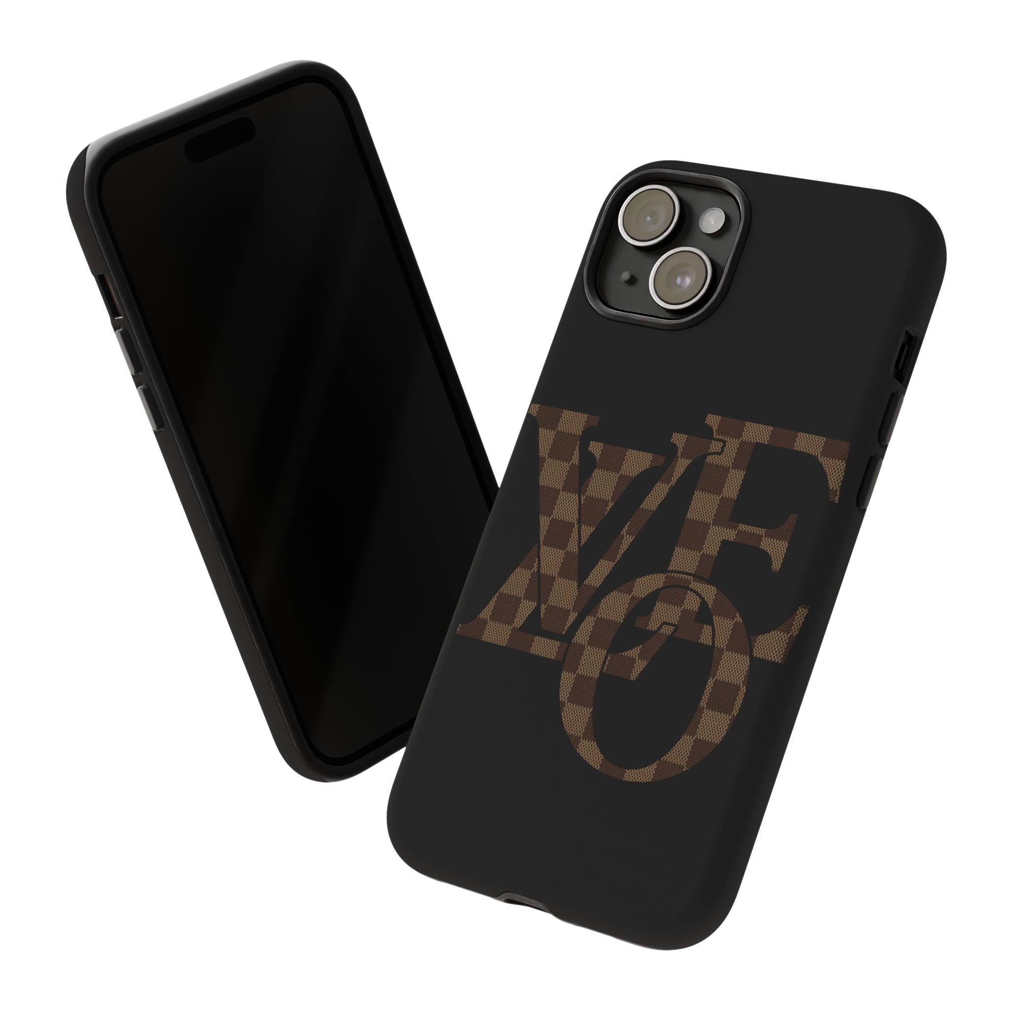 Black Tough Phone Case with Checkerboard "LOVE' Monogram — Protective iPhone Cover