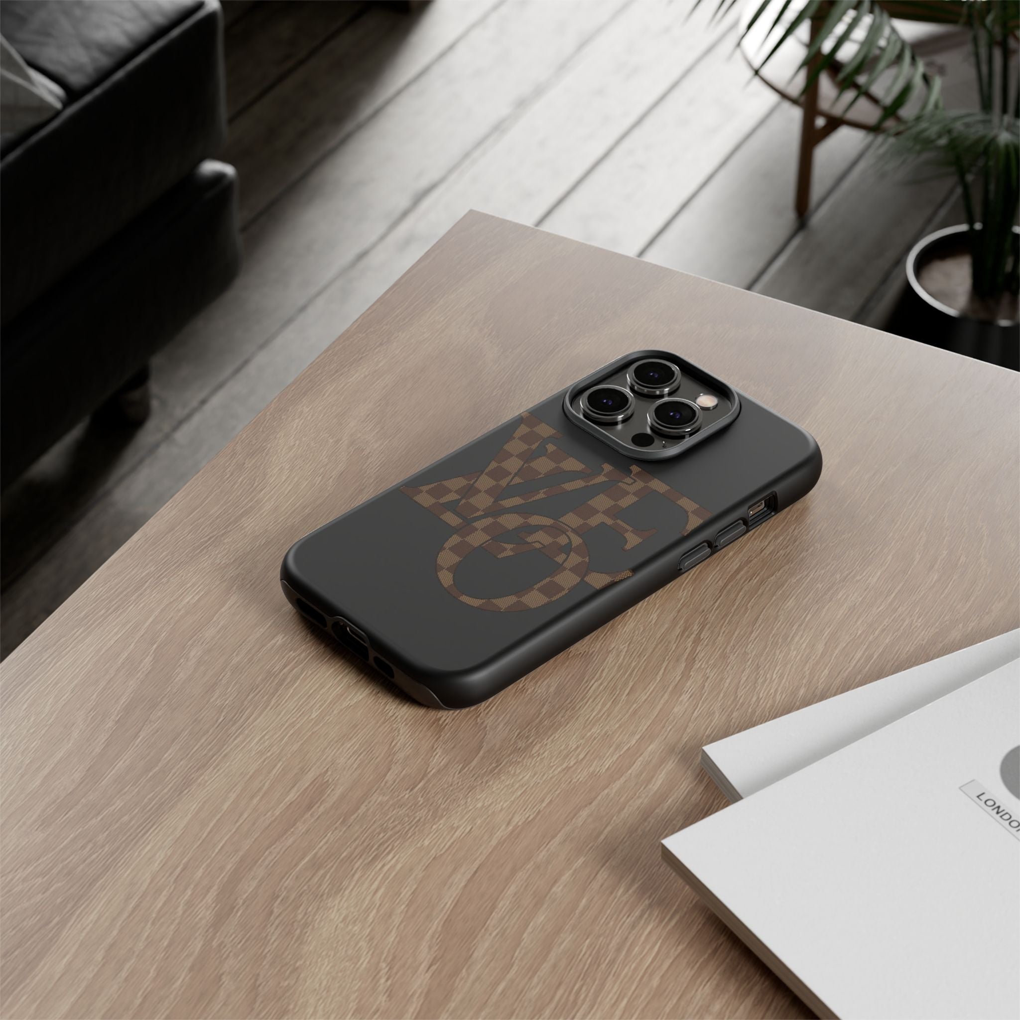 Black Tough Phone Case with Checkerboard "LOVE' Monogram — Protective iPhone Cover