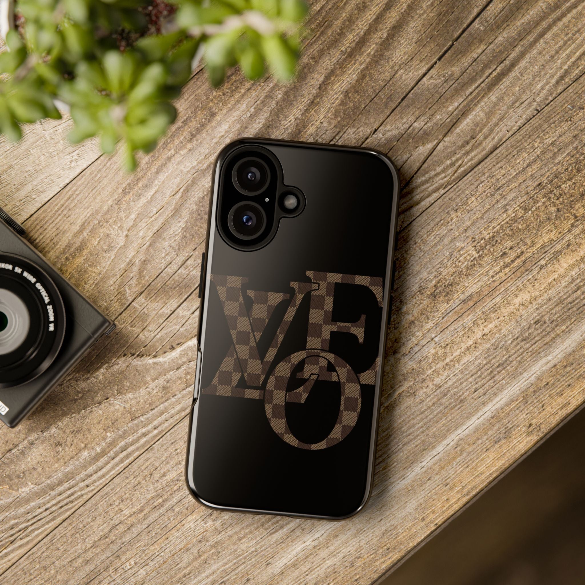 Black Tough Phone Case with Checkerboard "LOVE' Monogram — Protective iPhone Cover